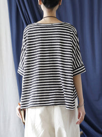 Thumbnail for Women Summer Casual Stripe Loose O-Neck Shirt