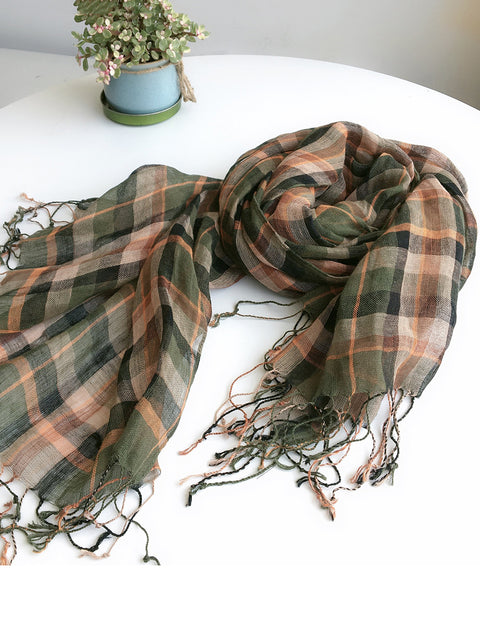 Women Summer Plaid Linen Tassel Shawl Scarf