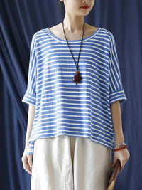 Thumbnail for Women Summer Casual Stripe Loose O-Neck Shirt