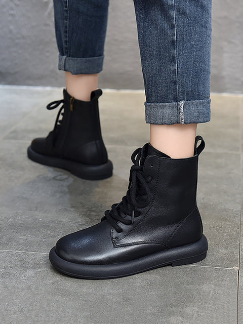 Bottes Martin à talon moyen et fermeture éclair souple en cuir véritable pour femmes