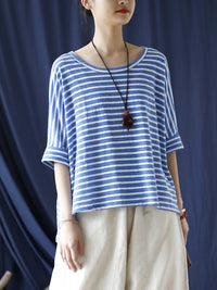 Thumbnail for Women Summer Casual Stripe Loose O-Neck Shirt