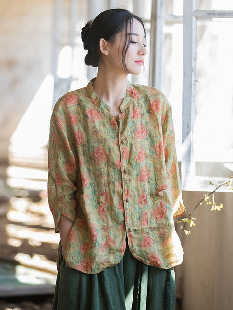 Chemise d'été rétro à imprimé floral pour femmes