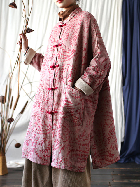 Women Ethnic Leaf Print Spring Cotton Long Shirt Coat