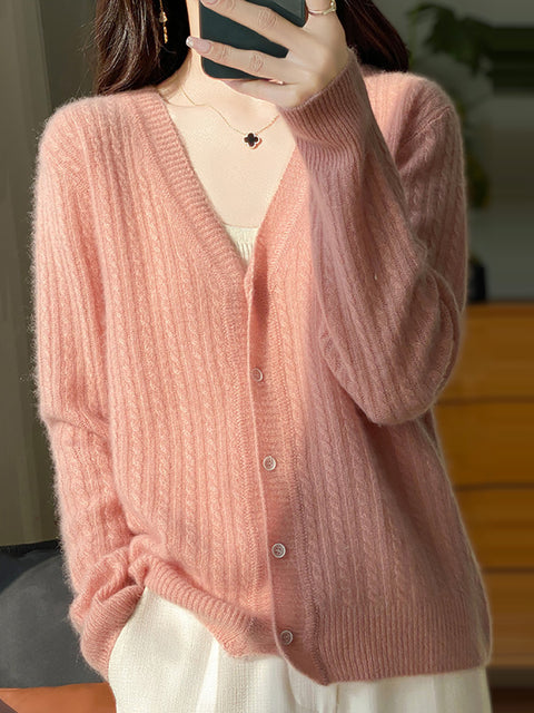 Pull cardigan en tricot à col en V 100 % laine pour femme