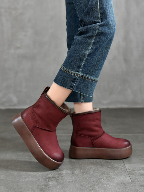 Bottes d'hiver à plateforme en cuir véritable doublées de polaire pour femmes