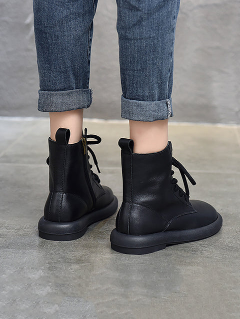 Bottes Martin à talon moyen et fermeture éclair souple en cuir véritable pour femmes