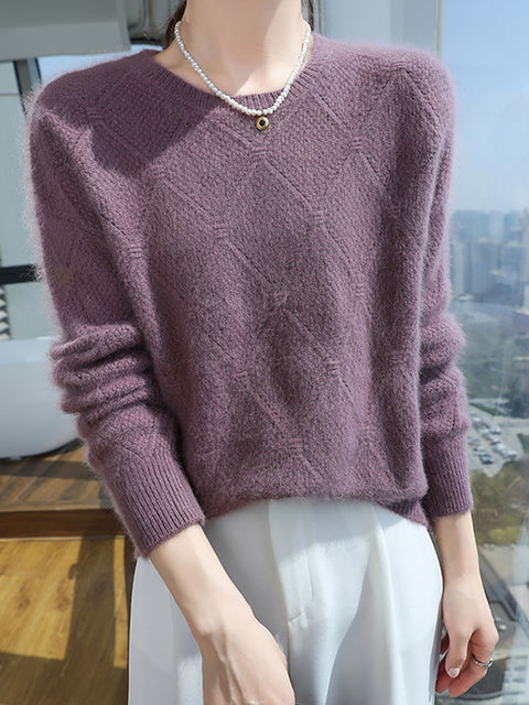 Women Autumn O-Neck Solid Rhomboids Wool Warm Knit Sweater