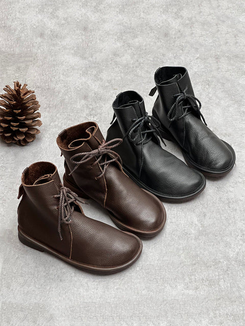 Bottines d'hiver vintage en cuir véritable avec cordon de serrage pour femme