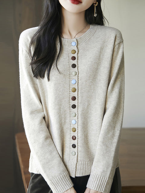 Women Autumn 100%Wool Colorful Button O-Neck Sweater