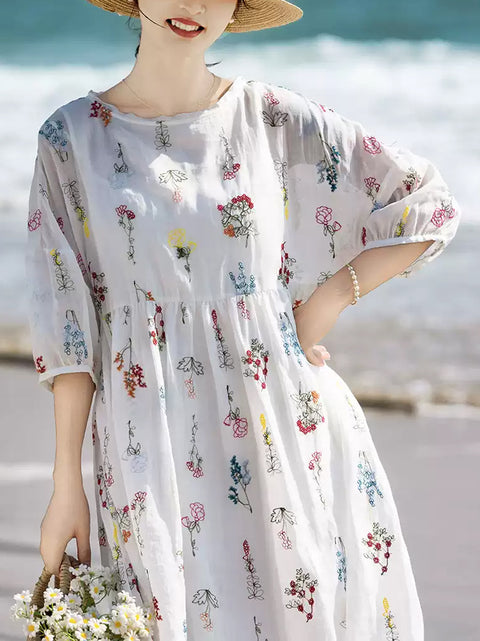 Robe 100 % ramie avec broderies de fleurs printanières pour femmes