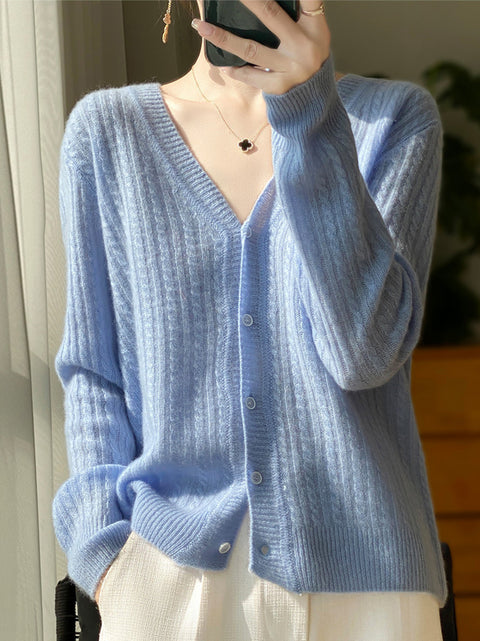 Pull cardigan en tricot à col en V 100 % laine pour femme