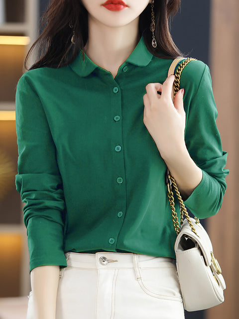 Women Spring Turn-down Collar Pure Color Cotton Shirt