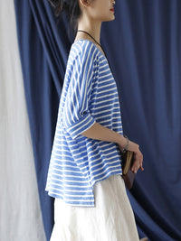 Thumbnail for Women Summer Casual Stripe Loose O-Neck Shirt