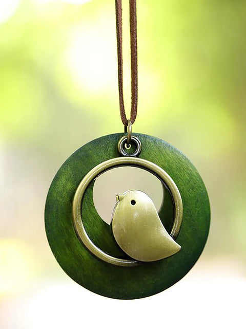 Collier pendentif en bois rond en forme d'oiseau en métal mignon