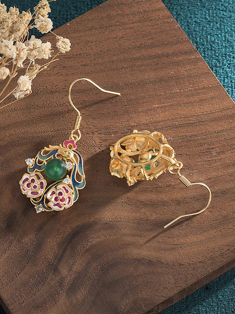 Boucles d'oreilles en argent et Jade pour femmes, Style chinois, fleur en émail