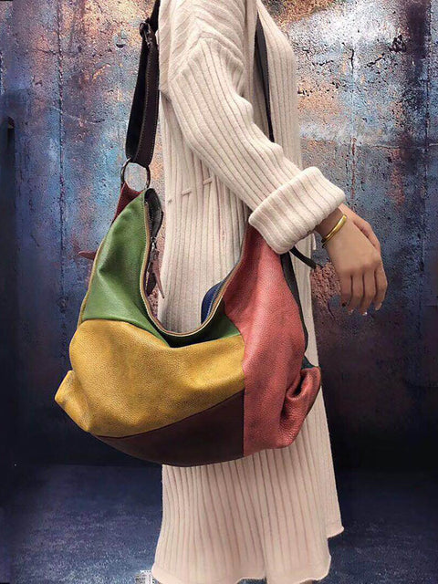 Buykud - Sac à bandoulière rétro en cuir de couleur contrastée