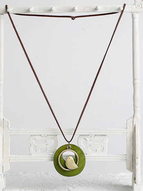 Collier pendentif en bois rond en forme d'oiseau en métal mignon