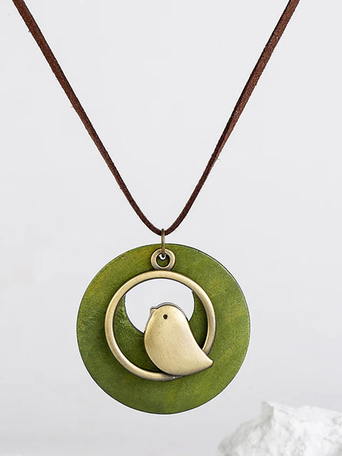 Collier pendentif en bois rond en forme d'oiseau en métal mignon