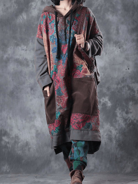 Women Spring Vintage Flower Spliced Hooded Dress