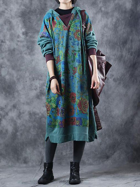 Women Artsy Flower Spring Hooded Cotton Dress