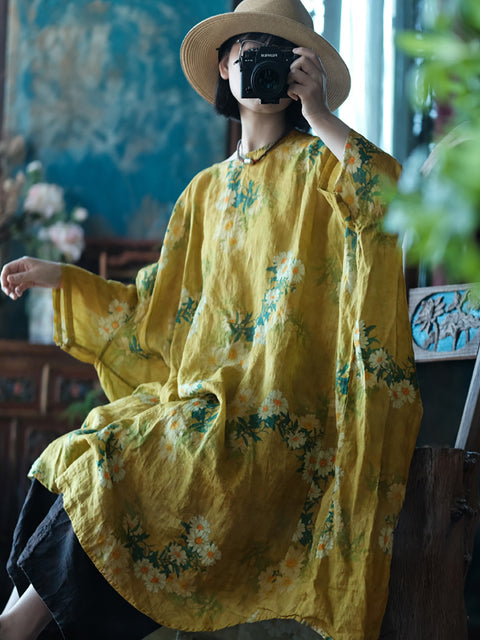 Robe ample d'été en lin à fleurs vintage pour femmes