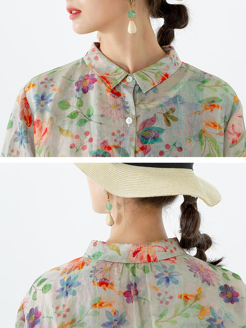 Chemise mi-longue fendue à imprimé floral et feuilles grande taille