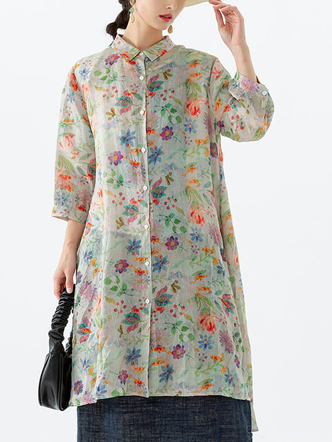 Chemise mi-longue fendue à imprimé floral et feuilles grande taille