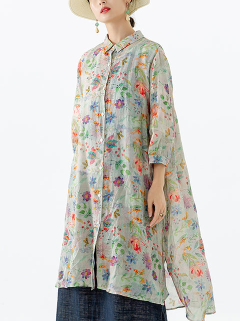 Chemise mi-longue fendue à imprimé floral et feuilles grande taille