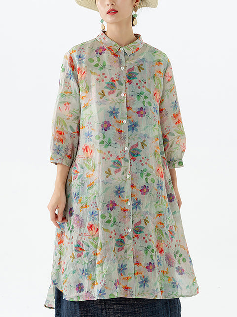 Chemise mi-longue fendue à imprimé floral et feuilles grande taille