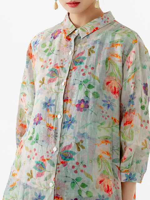 Chemise mi-longue fendue à imprimé floral et feuilles grande taille