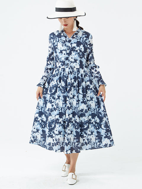 PLUS TAILLE - Robe florale à manches longues et col en V pour femme