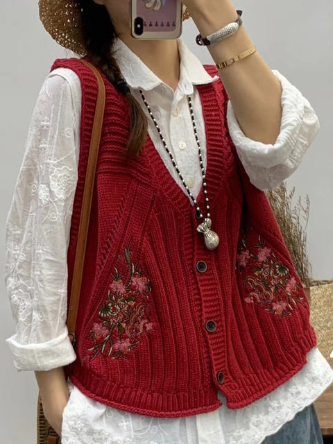 Gilet tricoté à col en V avec broderie florale vintage pour femmes