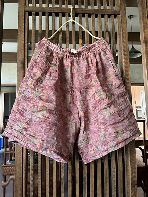 Short ample en ramie à fleurs vintage pour femme