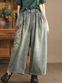 Thumbnail for Women Spring Vintage Flower Embroidery Denim Pants