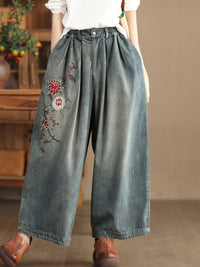 Thumbnail for Women Spring Vintage Flower Embroidery Denim Pants