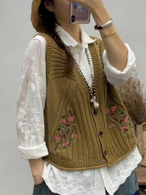 Gilet tricoté à col en V avec broderie florale vintage pour femmes