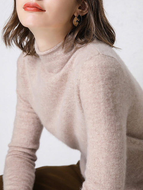 Women Autumn Solid Half High Collar 100%Wool Sweater