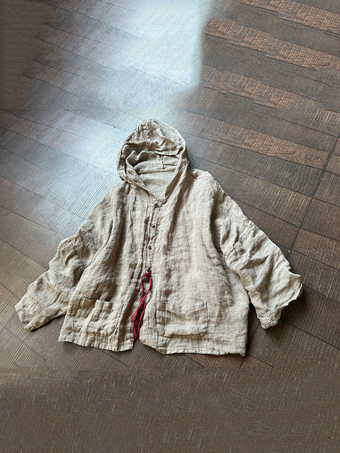 Chemise à capuche boutonnée unie en lin vintage pour femme