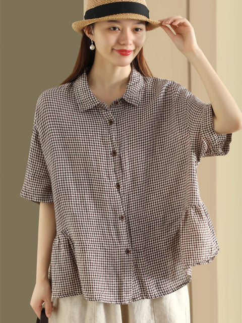 Plus Size Women Summer Casual Plaid Button Cardigan Linen Shirt