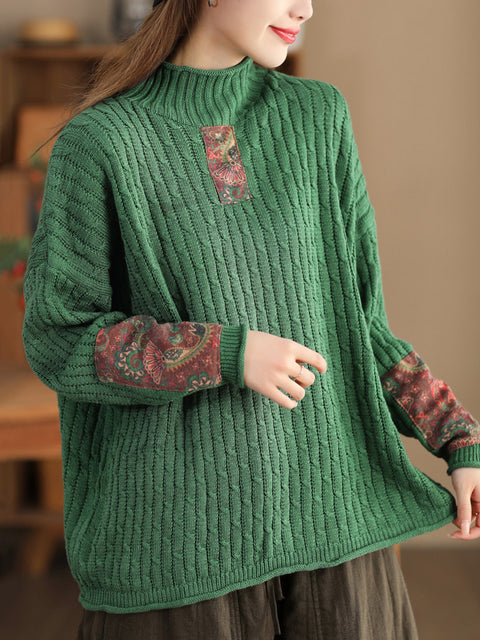 Women Retro Patch Spliced Knitted Turtleneck Sweater