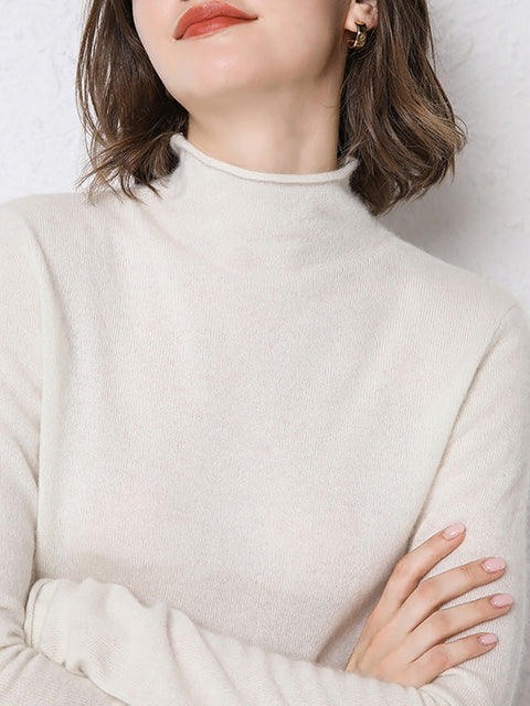 Pull 100 % laine à col mi-haut pour femme, couleur unie, automne