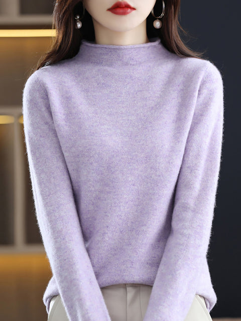 Women Autumn Solid Half High Collar 100%Wool Sweater