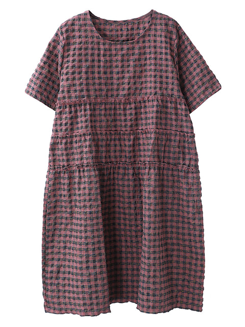 Robe mi-longue d'été à carreaux en coton et lin à col rond grande taille