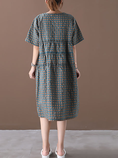 Robe mi-longue d'été à carreaux en coton et lin à col rond grande taille