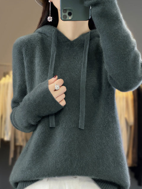 Pull en laine à capuche solide et décontracté pour femme, hiver