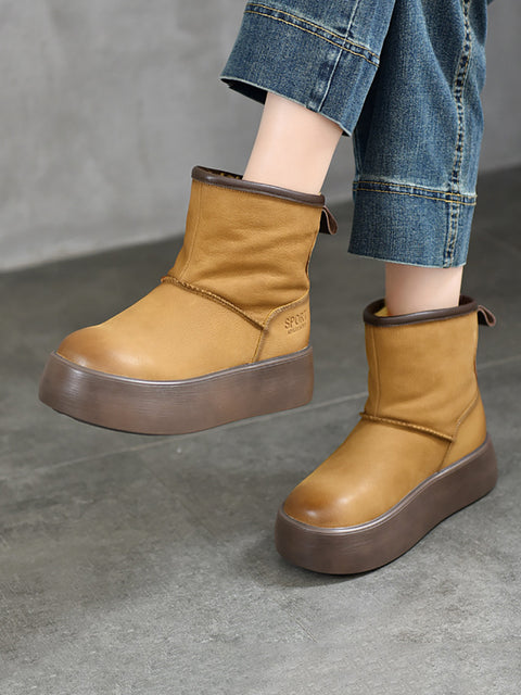 Bottes d'hiver à plateforme en cuir véritable doublées de polaire pour femmes