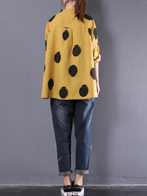 Plus Size Loose Dots Long Sleeve Cotton Linen Shirt