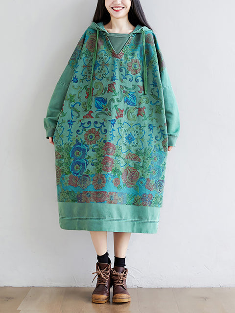 Women Artsy Flower Spring Hooded Cotton Dress