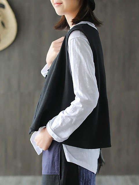 Plus Size Cotton Long Sleeve T-Shirt and Loose Vest