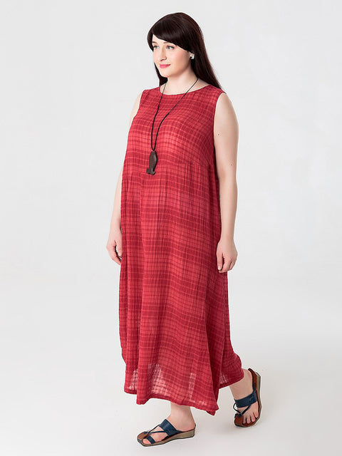 Robe gilet d'été en coton et lin à carreaux pour femmes, grande taille